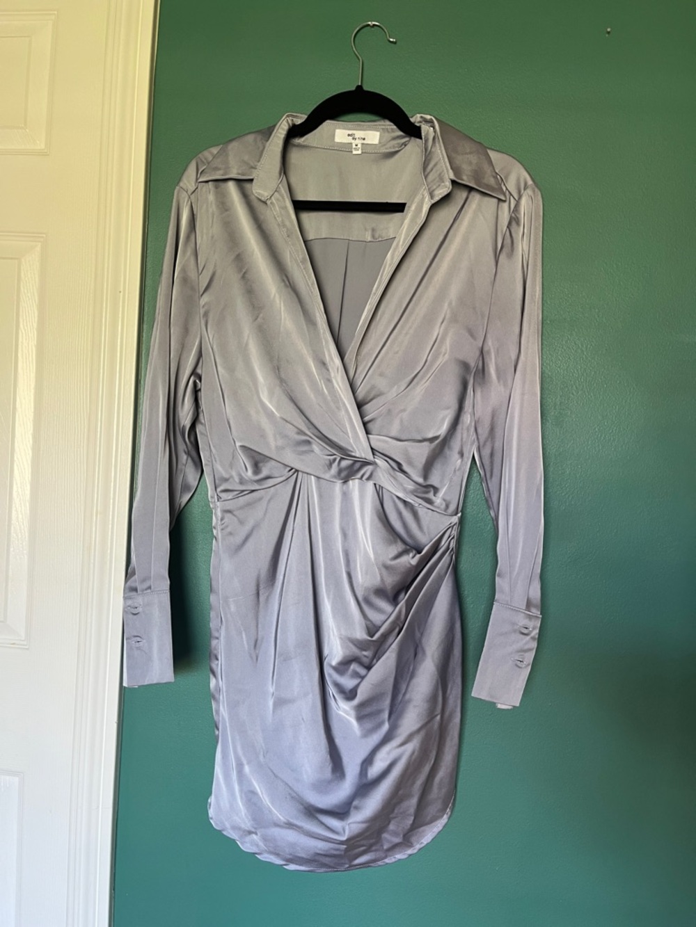 Satin Twist-Front Long Sleeve Dress - Silver Gray